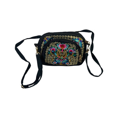 Vintage 90s 00s Black Floral Embroidered Cross Body Bag