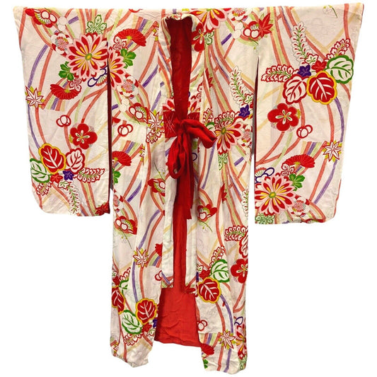 Vintage 70s 80s Pink Red Silk Geometric Komon Showa Kimono 12 M