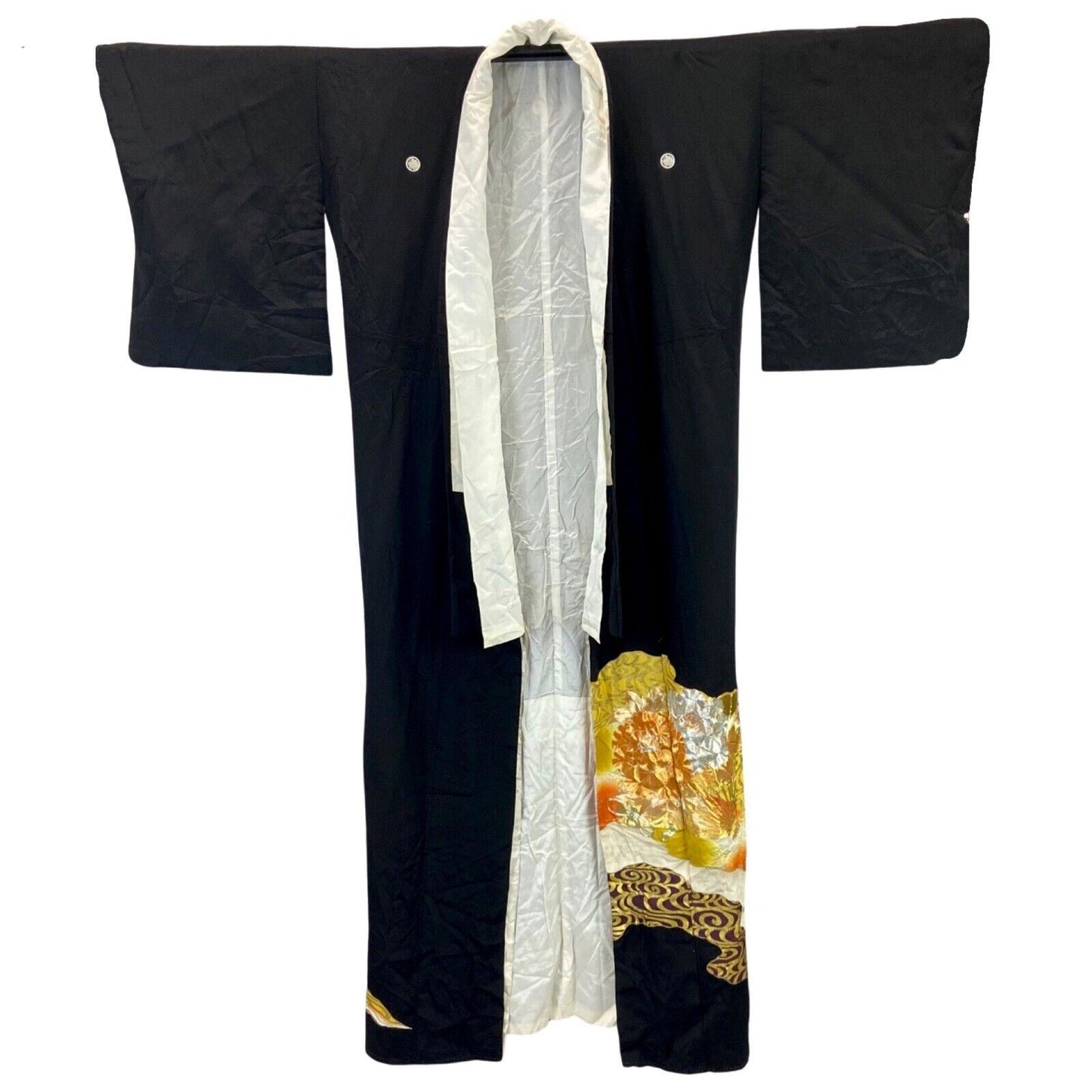 Vintage 70s 80s Black Gold Embroidered Embellished Silk Kimono