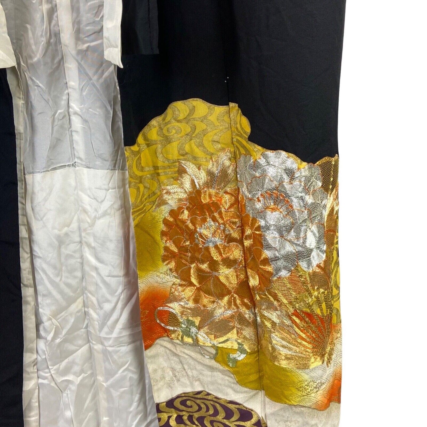 Vintage 70s 80s Black Gold Embroidered Embellished Silk Kimono