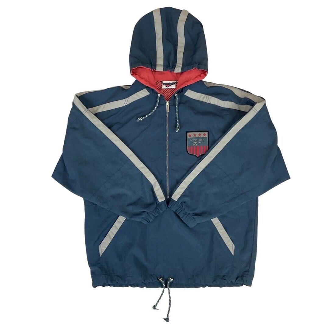 Vintage 90s Navy Blue & Silver Reebok 1/2 Zip Hooded Windbreaker XXL