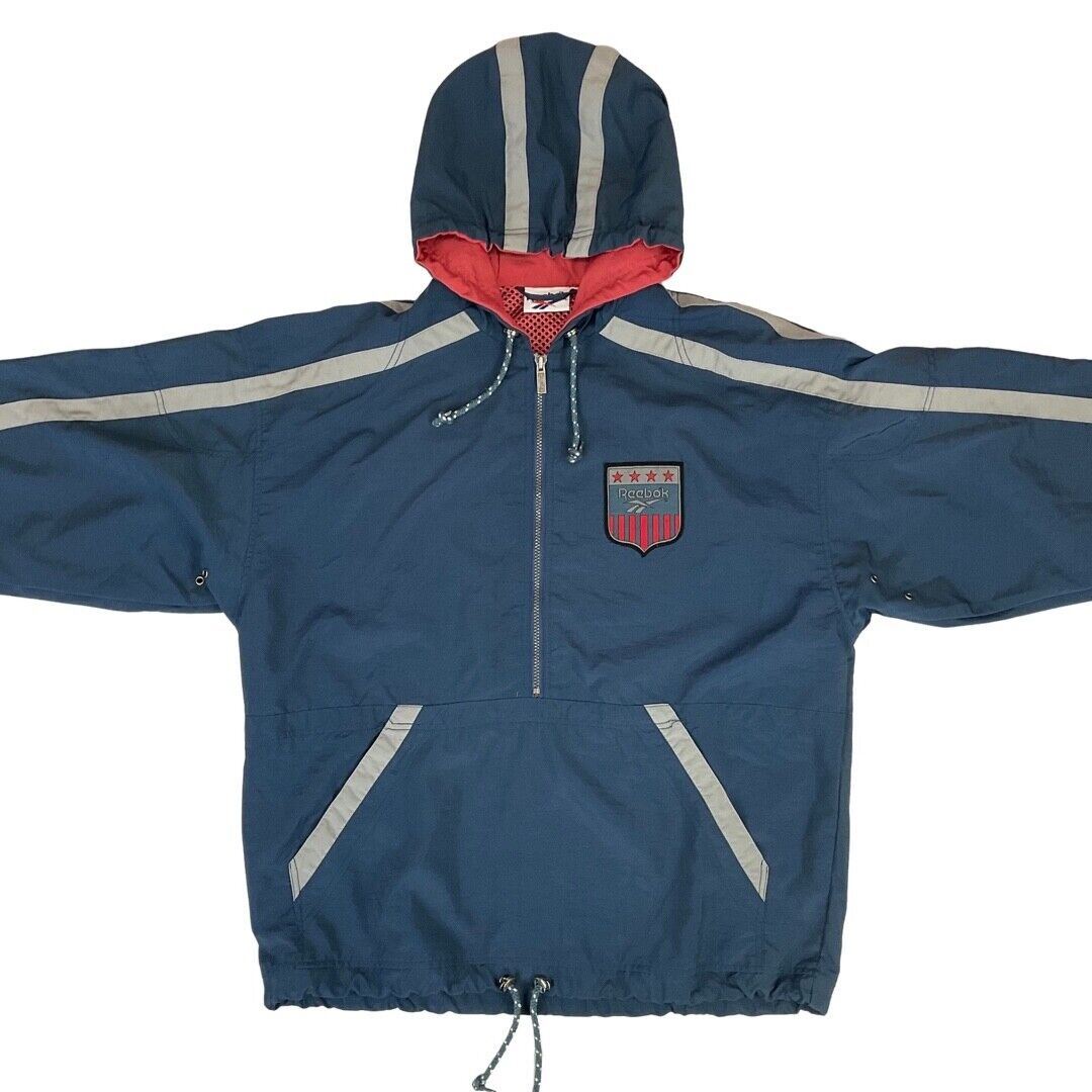 Vintage 90s Navy Blue & Silver Reebok 1/2 Zip Hooded Windbreaker XXL