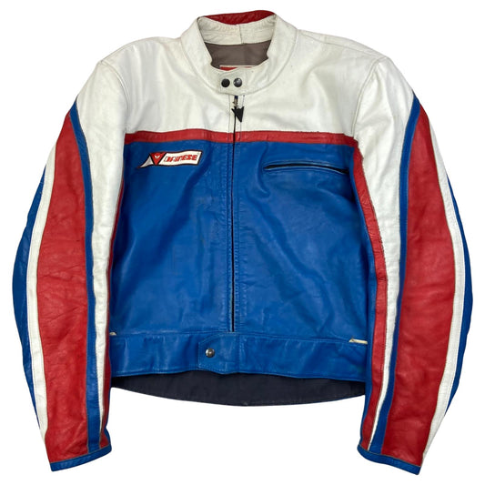 VTG 80s DAINESE ITALY LEATHER BIKER JACKET  ZIP MOTORCYCLE RACING ROCKER 44” L