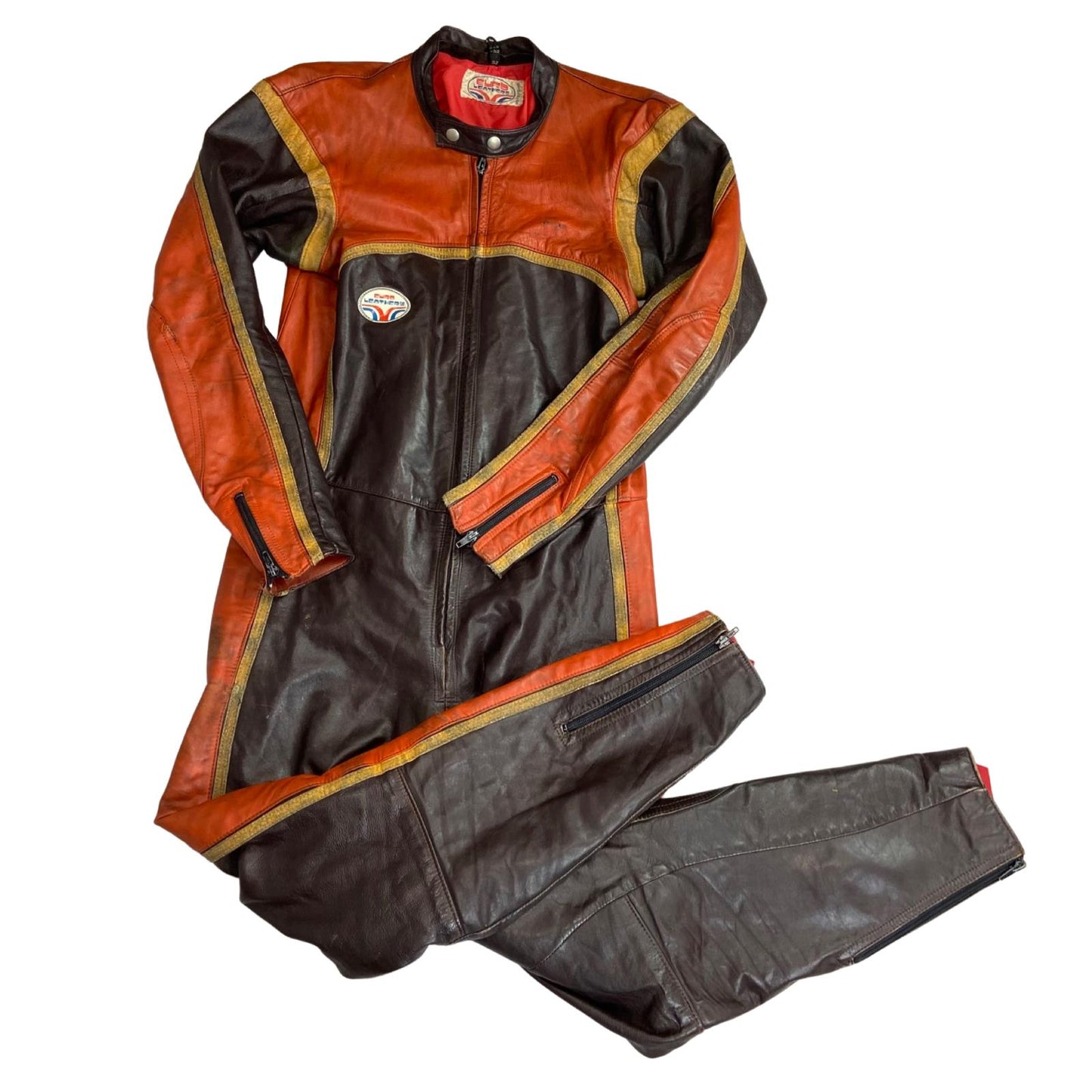 VTG 70s 80s EURO LEATHERS ORANGE LEATHER 1 PIECE RACING SUIT BIKER XS