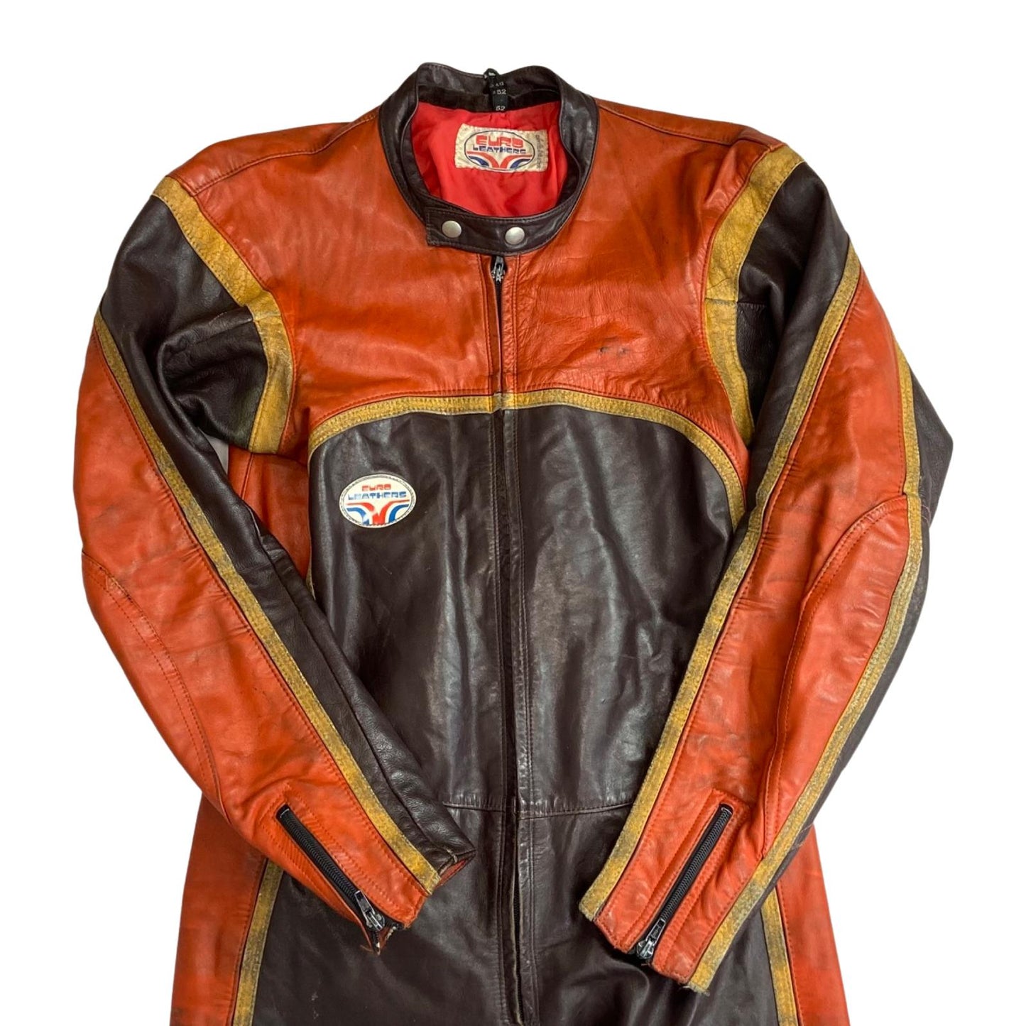 VTG 70s 80s EURO LEATHERS ORANGE LEATHER 1 PIECE RACING SUIT BIKER XS