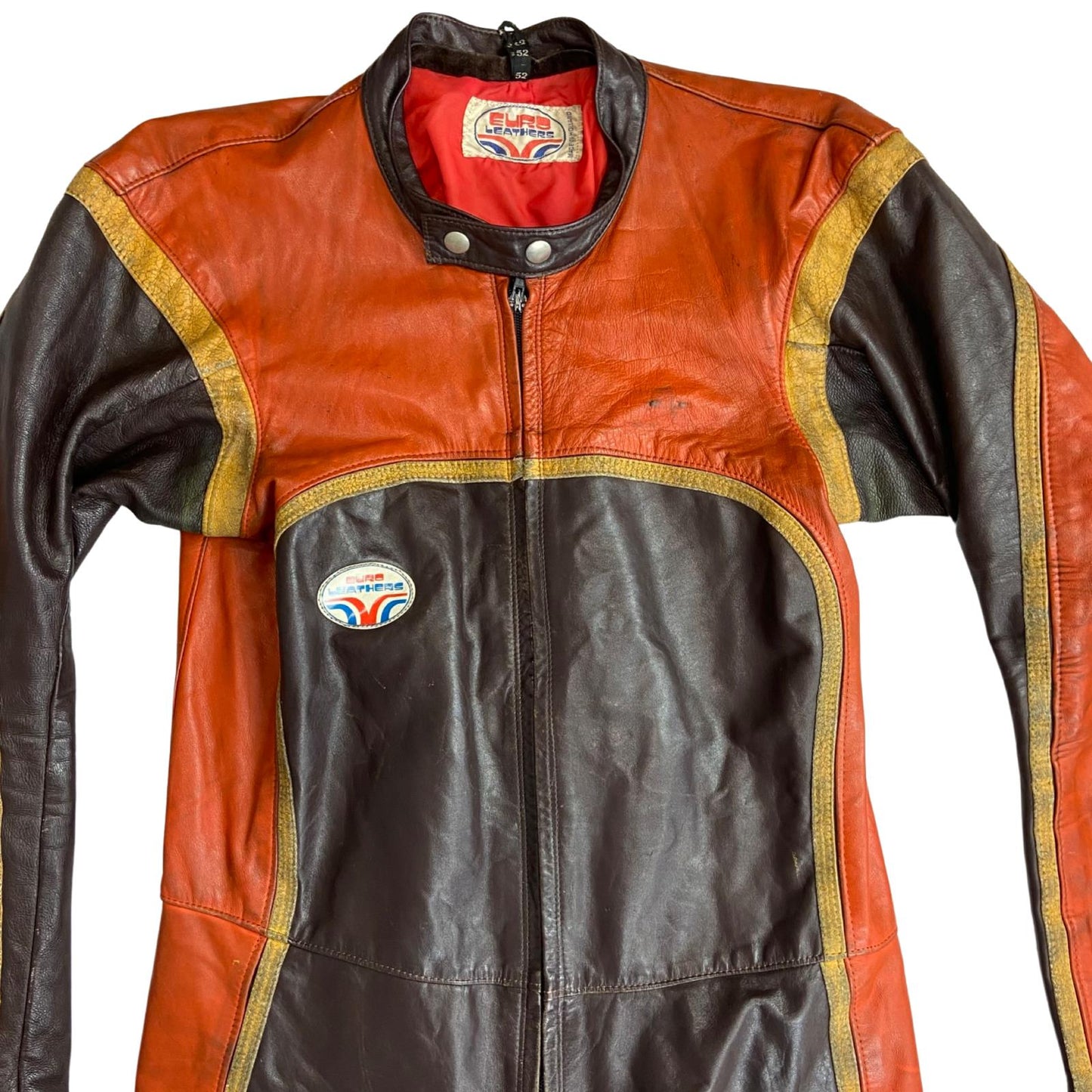 VTG 70s 80s EURO LEATHERS ORANGE LEATHER 1 PIECE RACING SUIT BIKER XS