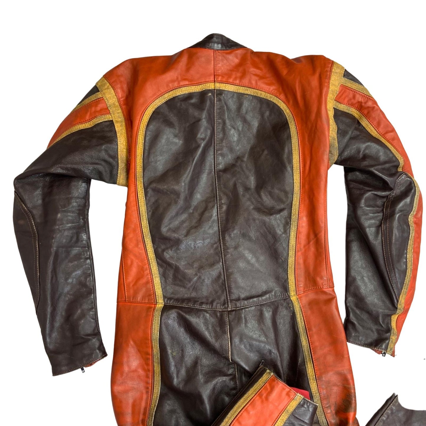 VTG 70s 80s EURO LEATHERS ORANGE LEATHER 1 PIECE RACING SUIT BIKER XS