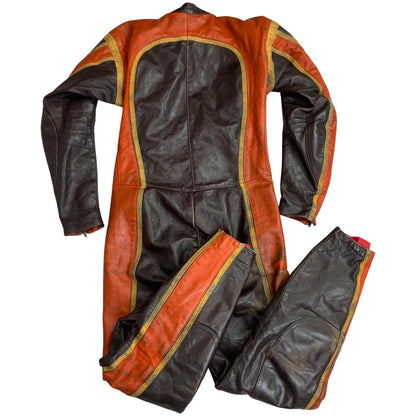 VTG 70s 80s EURO LEATHERS ORANGE LEATHER 1 PIECE RACING SUIT BIKER XS