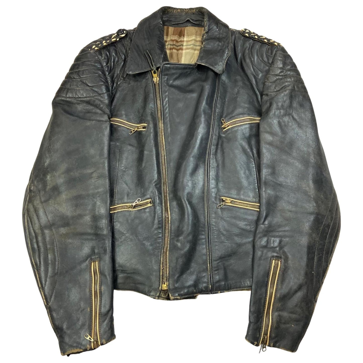VTG 1960s HEAVY LEATHER BIKER JACKET LINED MULTI ZIP MOTORCYCLE ROCKER 36” S