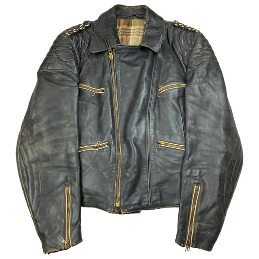 VTG 1960s HEAVY LEATHER BIKER JACKET LINED MULTI ZIP MOTORCYCLE ROCKER 36” S