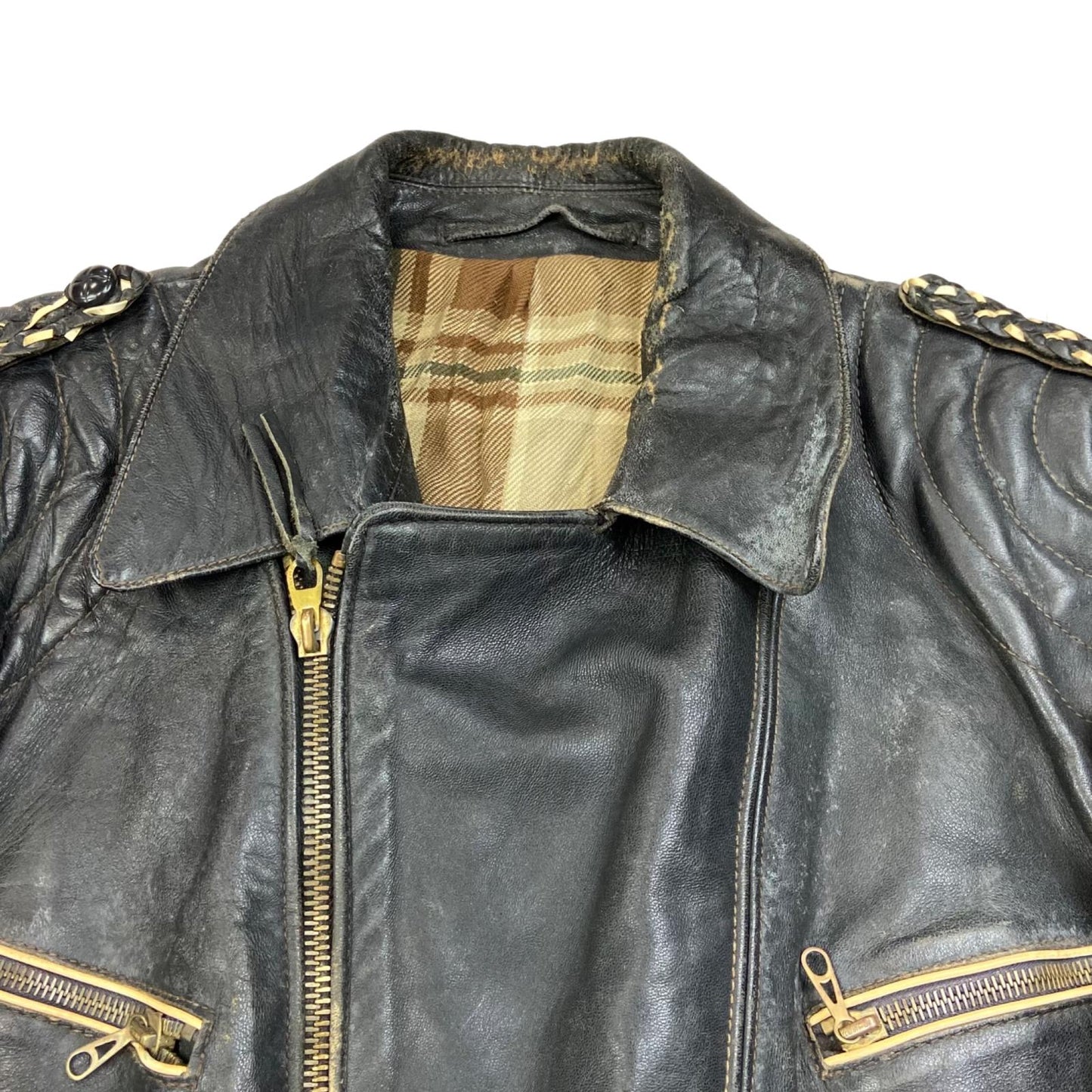 VTG 1960s HEAVY LEATHER BIKER JACKET LINED MULTI ZIP MOTORCYCLE ROCKER 36” S