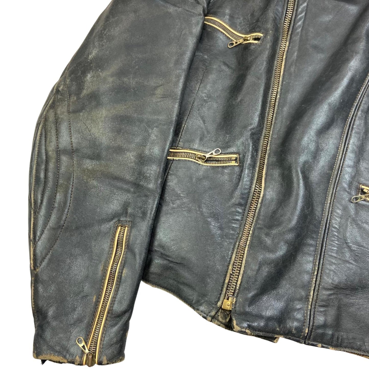 VTG 1960s HEAVY LEATHER BIKER JACKET LINED MULTI ZIP MOTORCYCLE ROCKER 36” S