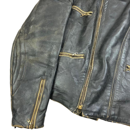 VTG 1960s HEAVY LEATHER BIKER JACKET LINED MULTI ZIP MOTORCYCLE ROCKER 36” S