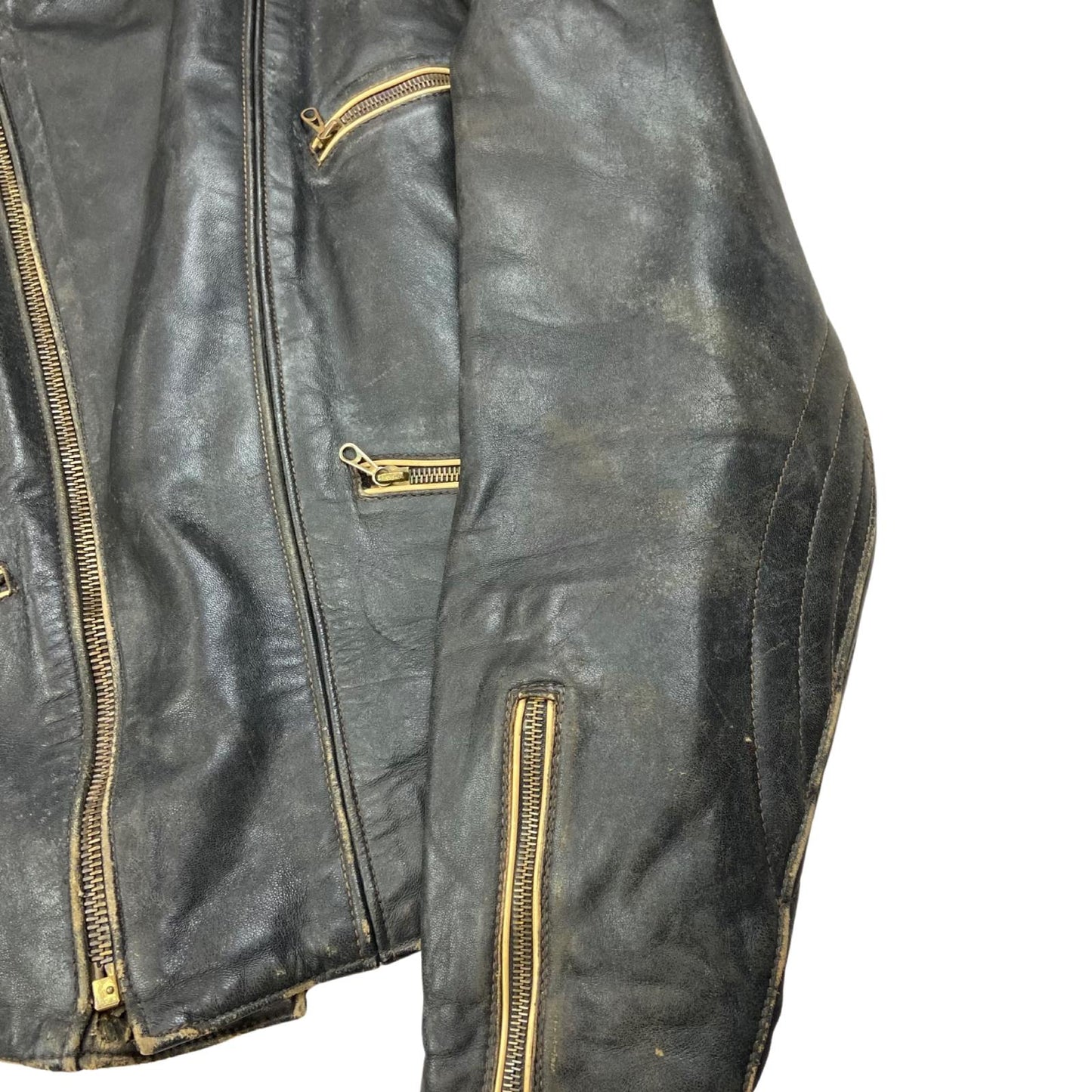 VTG 1960s HEAVY LEATHER BIKER JACKET LINED MULTI ZIP MOTORCYCLE ROCKER 36” S