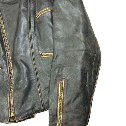VTG 1960s HEAVY LEATHER BIKER JACKET LINED MULTI ZIP MOTORCYCLE ROCKER 36” S