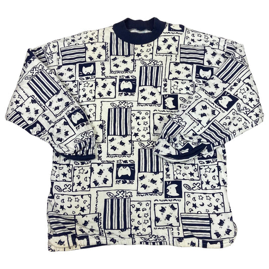 Vintage 80s 90s White Blue Etam Graphic Patterned Sweater Jumper Pullover L 16