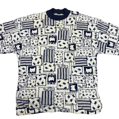 Vintage 80s 90s White Blue Etam Graphic Patterned Sweater Jumper Pullover L 16