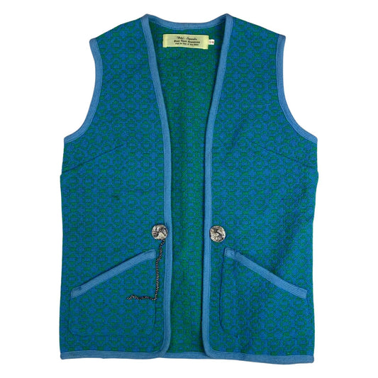 Vintage 60s 70s Blue Welsh Wool Waistcoat Geometric Patterned Tapestries M 12 14