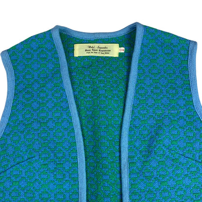 Vintage 60s 70s Blue Welsh Wool Waistcoat Geometric Patterned Tapestries M 12 14