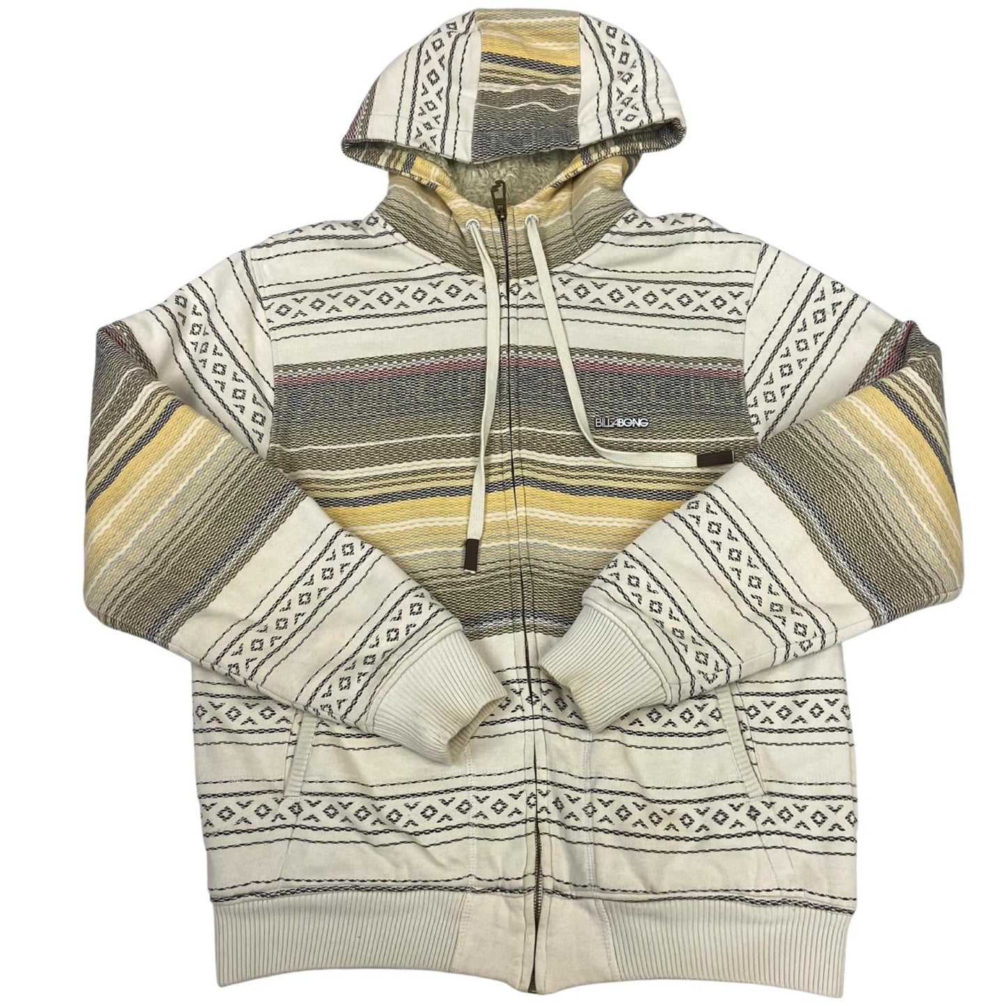 Vintage 00s Cream Billabong Geometric Patterned Zip-Up Hoodie Sweater Jumper M