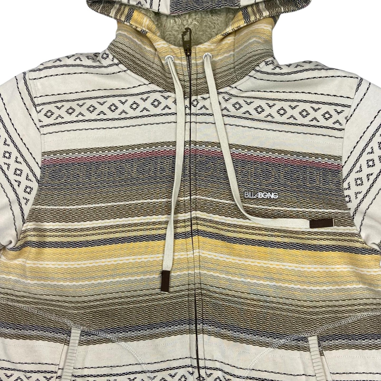 Vintage 00s Cream Billabong Geometric Patterned Zip-Up Hoodie Sweater Jumper M