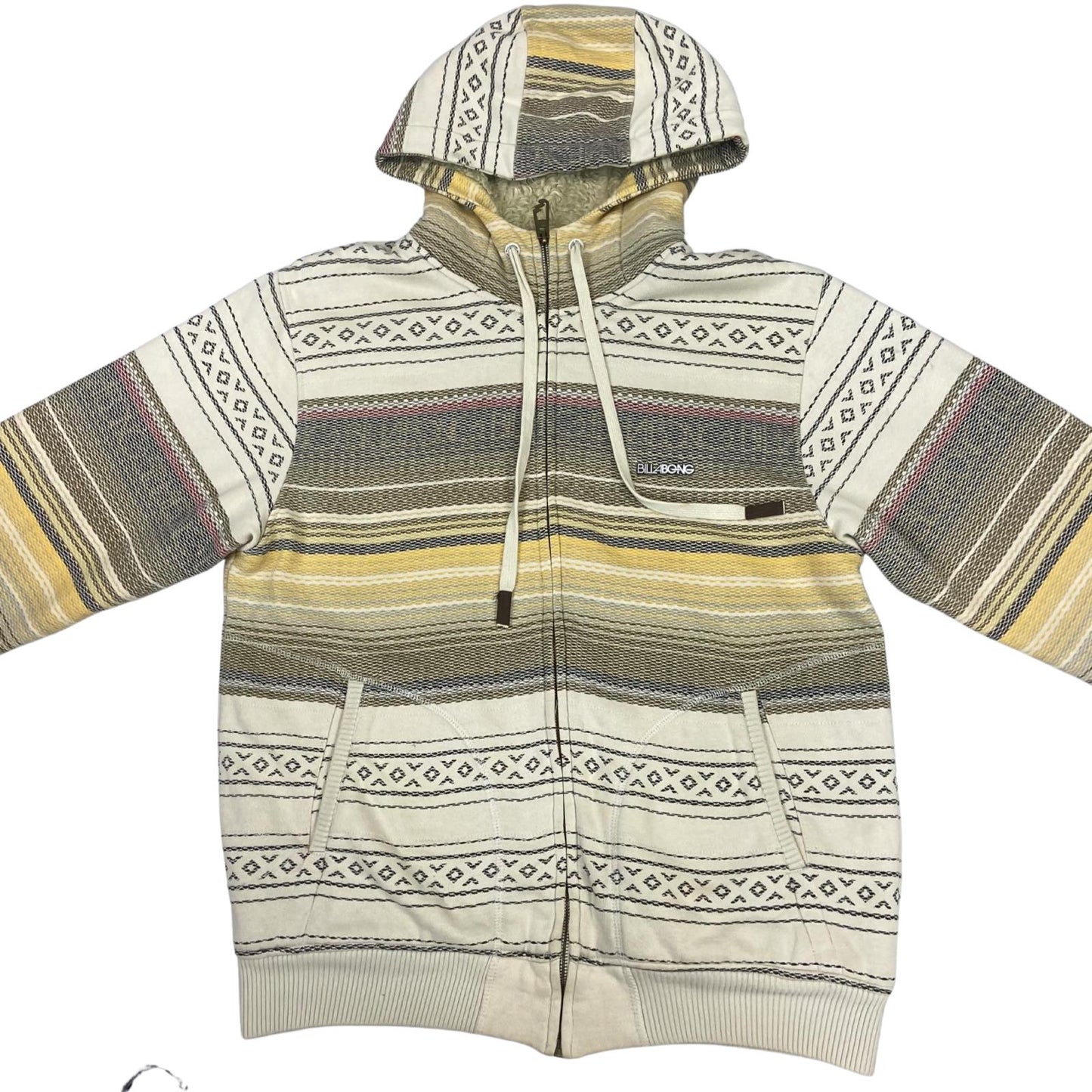 Vintage 00s Cream Billabong Geometric Patterned Zip-Up Hoodie Sweater Jumper M