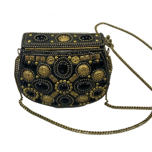 VINTAGE 80S 90S BLACK GOLD EMBELLISHED METAL HARD SHELL CROSS BODY MINI BAG