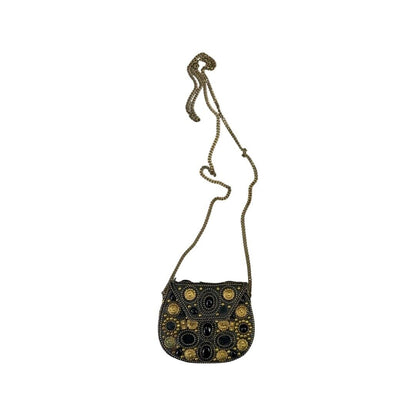 VINTAGE 80S 90S BLACK GOLD EMBELLISHED METAL HARD SHELL CROSS BODY MINI BAG