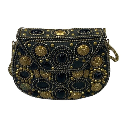 VINTAGE 80S 90S BLACK GOLD EMBELLISHED METAL HARD SHELL CROSS BODY MINI BAG