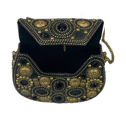 VINTAGE 80S 90S BLACK GOLD EMBELLISHED METAL HARD SHELL CROSS BODY MINI BAG