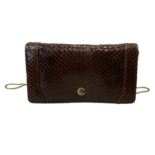 VINTAGE 70S 80S BROWN GOLD FAUX SNAKESKIN LEATHER SHOULDER HANDBAG