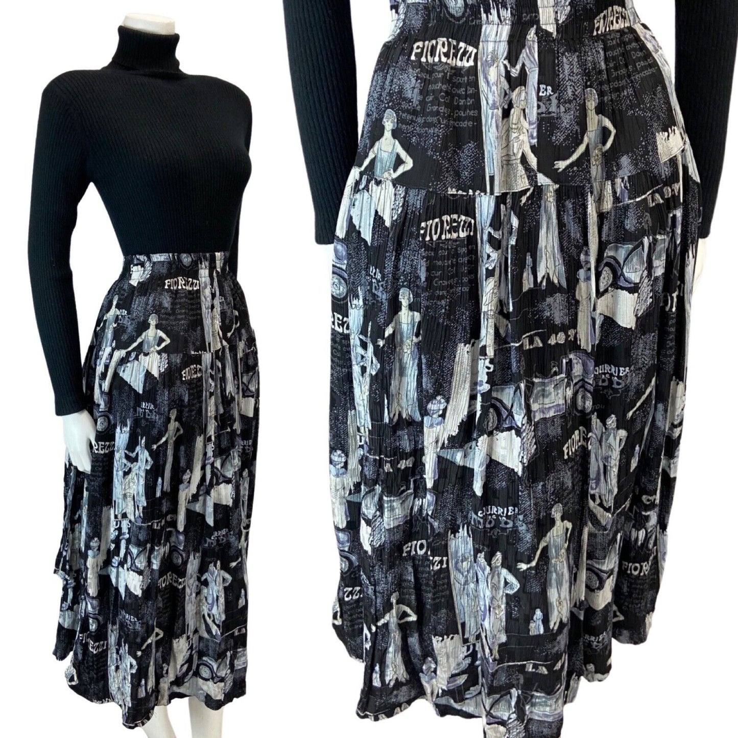 VINTAGE 80S BLACK GREY 20S FLAPPER GRAPHIC PRINT SWING MIDI SKIRT XS S
