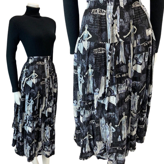 VINTAGE 80S BLACK GREY 20S FLAPPER GRAPHIC PRINT SWING MIDI SKIRT XS S