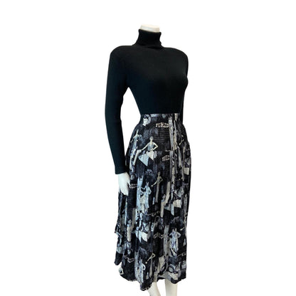 VINTAGE 80S BLACK GREY 20S FLAPPER GRAPHIC PRINT SWING MIDI SKIRT XS S