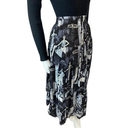 VINTAGE 80S BLACK GREY 20S FLAPPER GRAPHIC PRINT SWING MIDI SKIRT XS S