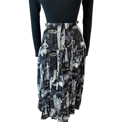VINTAGE 80S BLACK GREY 20S FLAPPER GRAPHIC PRINT SWING MIDI SKIRT XS S