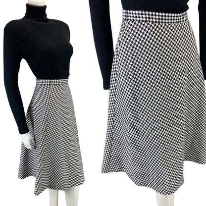VINTAGE 70s BLACK WHITE DOG TOOTH SWING MIDI SKIRT 8 10 S