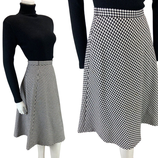 VINTAGE 70s BLACK WHITE DOG TOOTH SWING MIDI SKIRT 8 10 S