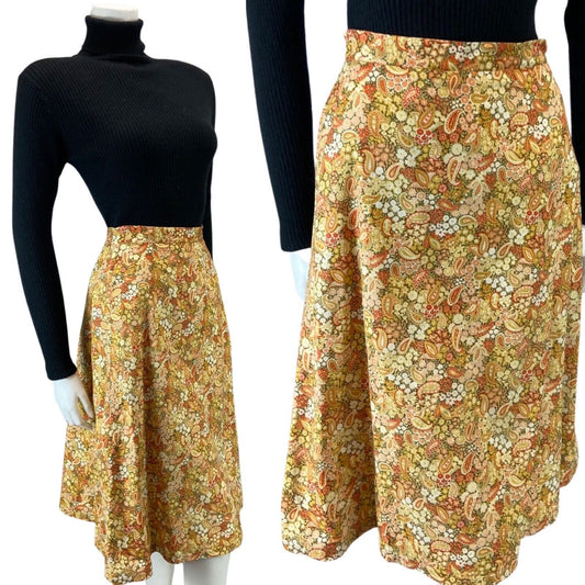 VINTAGE 70S YELLOW ORANGE BEIEGE PAISLEY FLORAL SWING MIDI SKIRT 8 10 S
