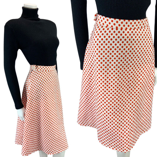 VINTAGE 70s 80S WHITE RED POLKA DOT SWING MIDI SKIRT 8 10 S