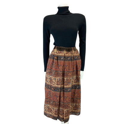 VINTAGE 70S 80S BROWN RED BETTY BARCLAY PAISLEY FLROAL BELTED WOOL MIDI SKIRT 8