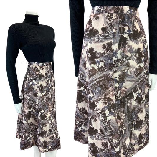VINTAGE 70s 80S PURPLE GREY GRAPHIC HORSE RIDING SWING MIDI SKIRT S 8 10