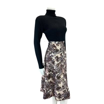 VINTAGE 70s 80S PURPLE GREY GRAPHIC HORSE RIDING SWING MIDI SKIRT S 8 10