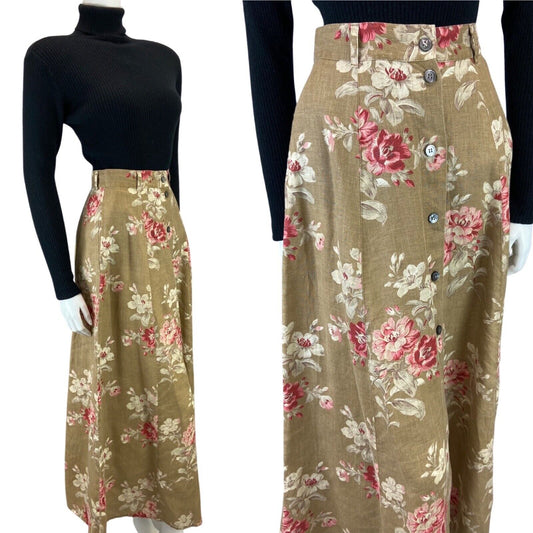 VINTAGE 80S BEIGE PINK LAURA ASHLEY FLROAL BUTTON DOWN MAXI  SKIRT 8 S