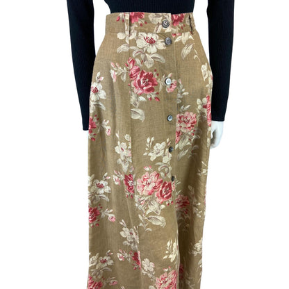 VINTAGE 80S BEIGE PINK LAURA ASHLEY FLROAL BUTTON DOWN MAXI  SKIRT 8 S
