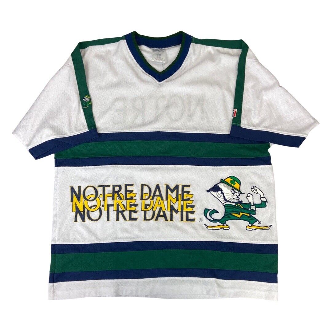 VTG 90s White, Green & Blue Twins Apparel Notre Dame Fighting Irish Jersey XXXL