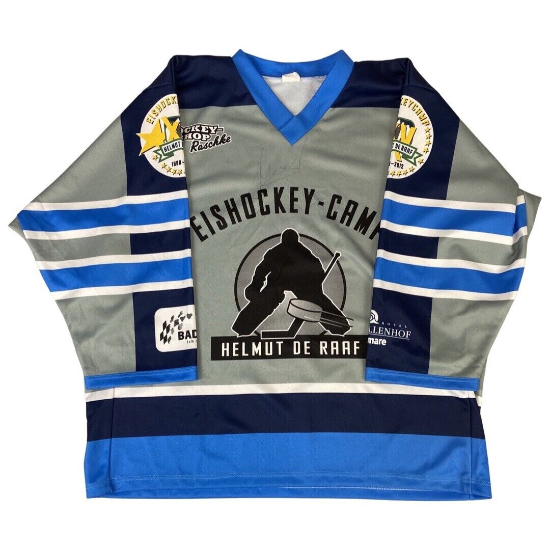 Grey, White & Blue Signed Helmut De Raaf Eishockey Camp Hockey Jersey XL