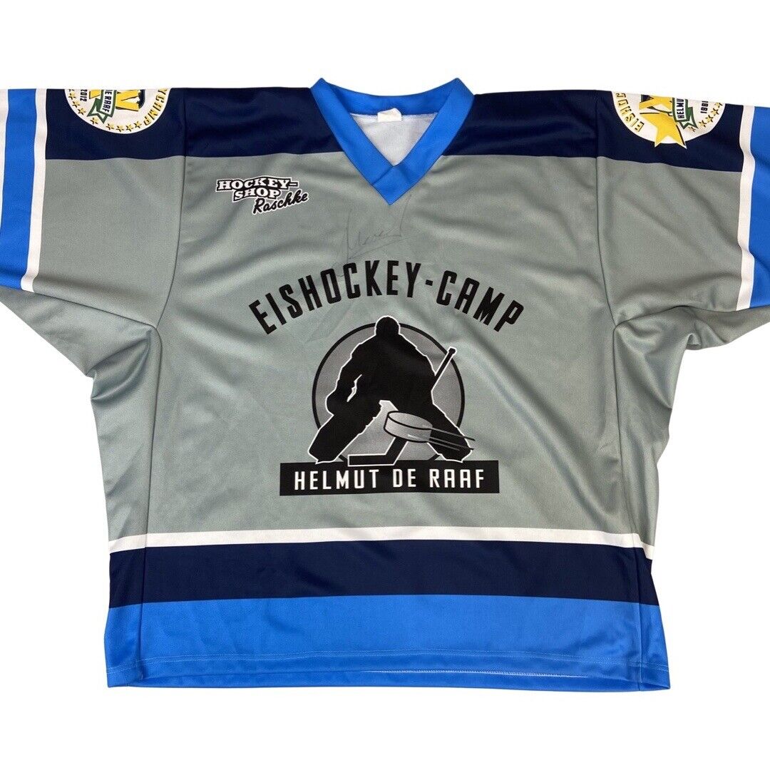 Grey, White & Blue Signed Helmut De Raaf Eishockey Camp Hockey Jersey XL