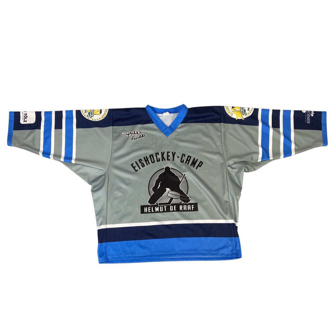 Grey, White & Blue Signed Helmut De Raaf Eishockey Camp Hockey Jersey XL
